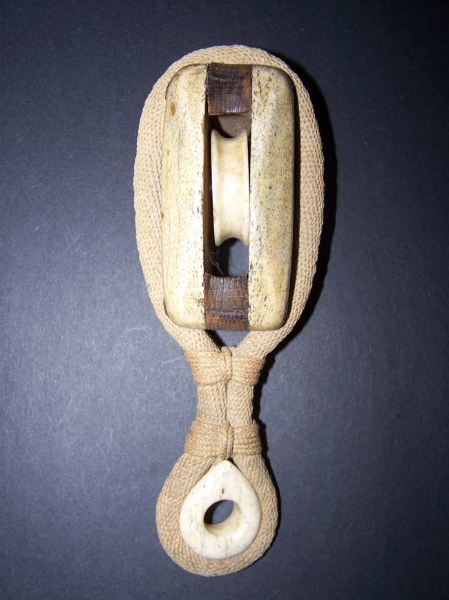A Beautiful 19th century ANTIQUE Whalebone Ship's Block with Whalebone Grommet and Outstanding Ropework binding — image 3